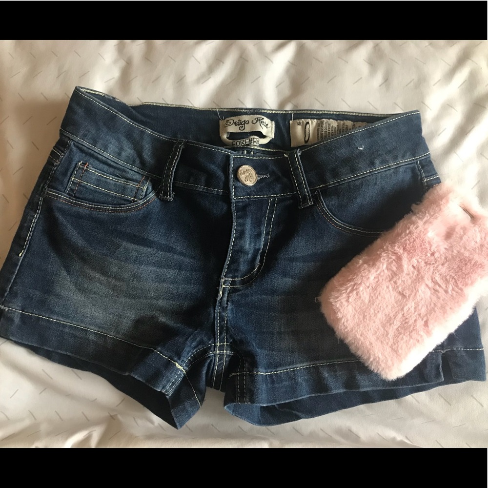 Dark Blue short shorts w/ orange and yellow trim